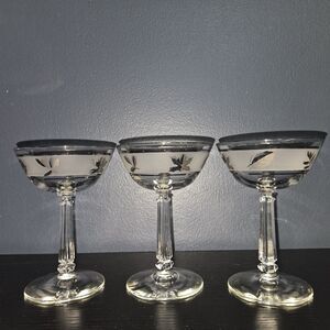 Vintage Set of 3 Frosted Leaf and Platinum Rim 4OZ. Stem Glasses.